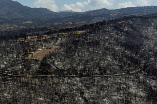 Burnt hillsides are seen following a wildfire near the village of Pefki on the island of Evia, Greece, August 12, 2021. (REUTERS/Alkis Konstantinidis)