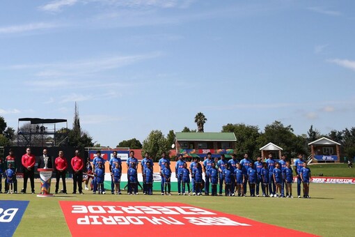Players line up before the national anthem during the ICC U-19 World Cup 2020.  (ICC image)