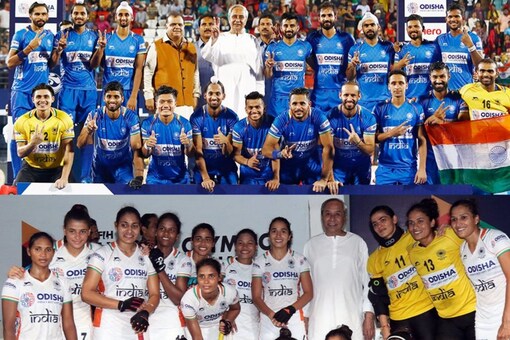 Indian hockey teams with Naveen Patnaik. (Hockey India Twitter Photo)