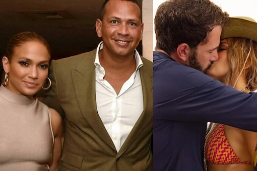 Jennifer Lopez with her ex Alex Rodriguez (L) and current partner Ben Affleck (R).