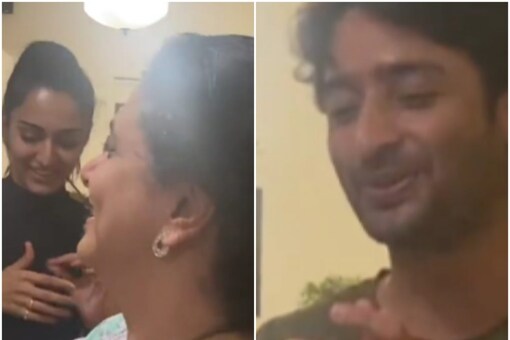 Shaheer Sheikh (left) shared a video on social media in which he celebrated Supriya Pilgaonkar's birthday with Erica Fernandes