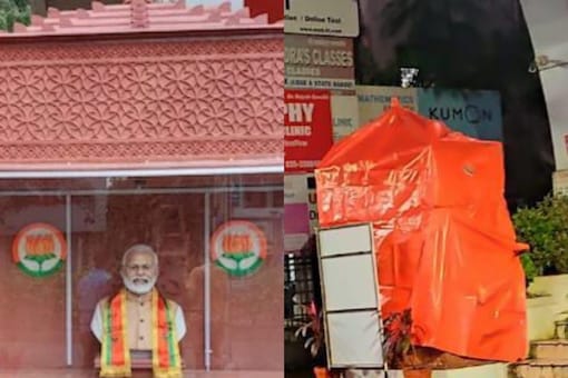 A combination of two images shows the Modi statue and then a covered temple after it was removed. (News18)