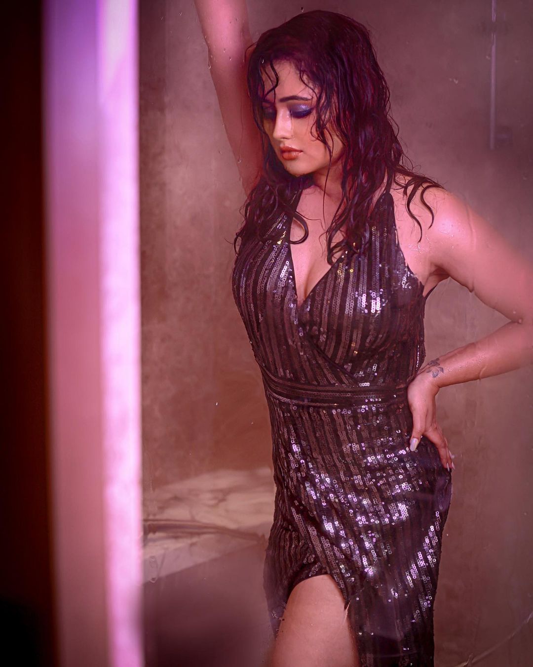Rashami Desai is flaunting her curves in the shimmering dress.