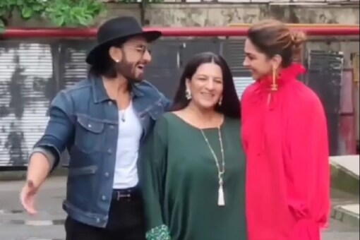 Ranveer Singh and Deepika Padukone with Ranveer's mom Anju Bhavnani