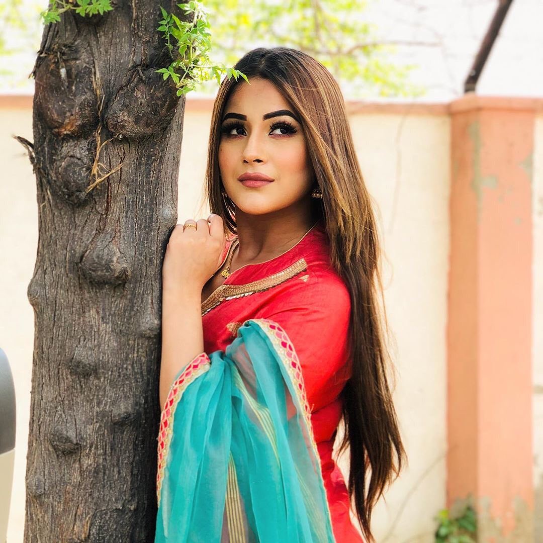 Shehnaaz Gill looks pretty in the red kurta and blue dupatta. 