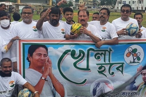 Early in the morning, Trinamool leaders played a football match at Vivekananda Stadium in Agartala, Tripura, as part of Khela Hobe Diwas.