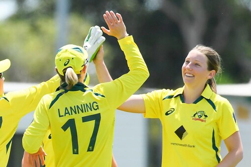 Darcie Brown of Australia celebrates the fall of another Indian wicket.