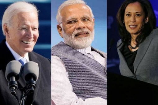 Joe Biden (L) PM Modi (C) and Kamala Harris (R). (Image: News18)