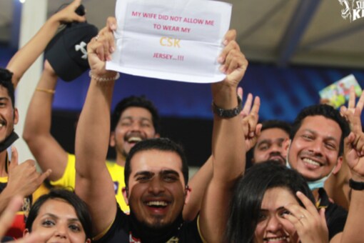 Fans placard goes viral during Royal Challengers Bangalore and Chennai Super Kings IPL 2021 clash on Friday. (Photo by CSK)