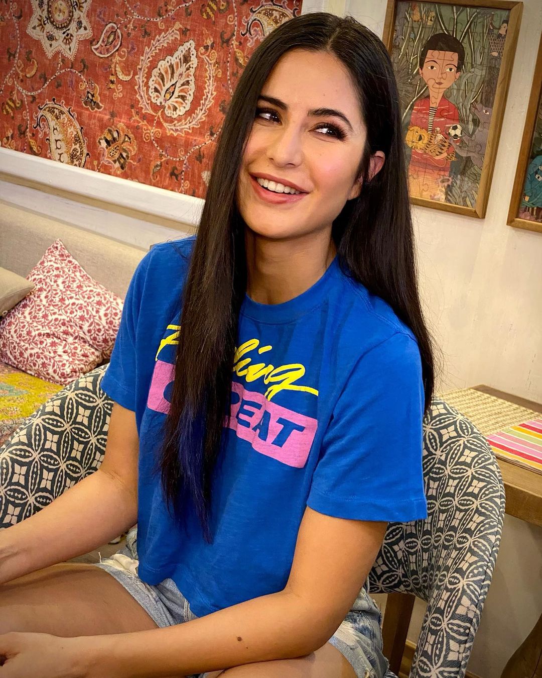 Katrina Kaif keeps it simple and chic in the printed tee and shorts look. 