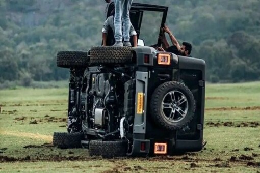 Mahindra Thar rolls over during stunts at a dam site in Kerala