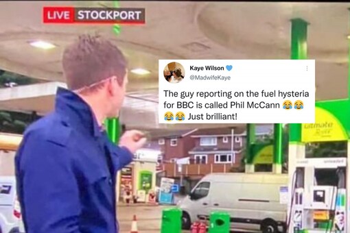 The screengrab showed Phiol McCann at the BP fuel station in Stockport to report on the shortage. (Image Credits: Twitter/@MadwifeKaye)