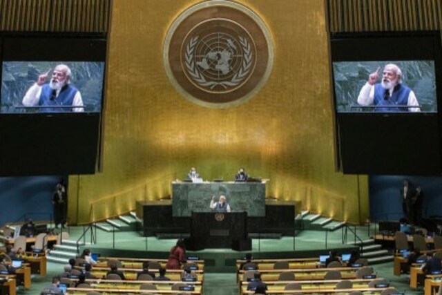 PM Narendra Modi's Address at UNGA Session: Prime Minister Narendra Modi on Saturday addressed the world leaders at the 76th UN General Assembly session in New York and said that he represents a country which is proud to be known as the mother of democracy and cited his own rise from a tea seller at a railway station to that as prime minister to underscore the strength of India's democracy. (Image: AFP)