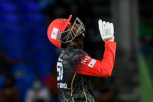 Sherfane Rutherford of St Kitts and Nevis Patriots celebrates her half century during the 2021 Hero Caribbean Premier League Match 12 between Jamaica Tallawahs and St Kitts and Nevis Patriots at Warner Park Sporting Complex on September 1, 2021 in Basseterre, St Kitts and Nevis.  (Photo by Randy Brooks - CPL T20 / Getty Images)