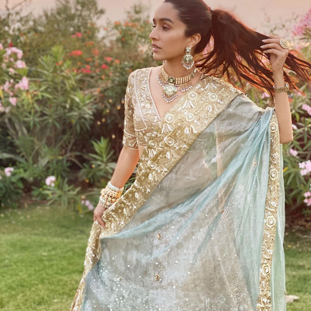 Shraddha Kapoor looks stunning in the pale blue lehenga.