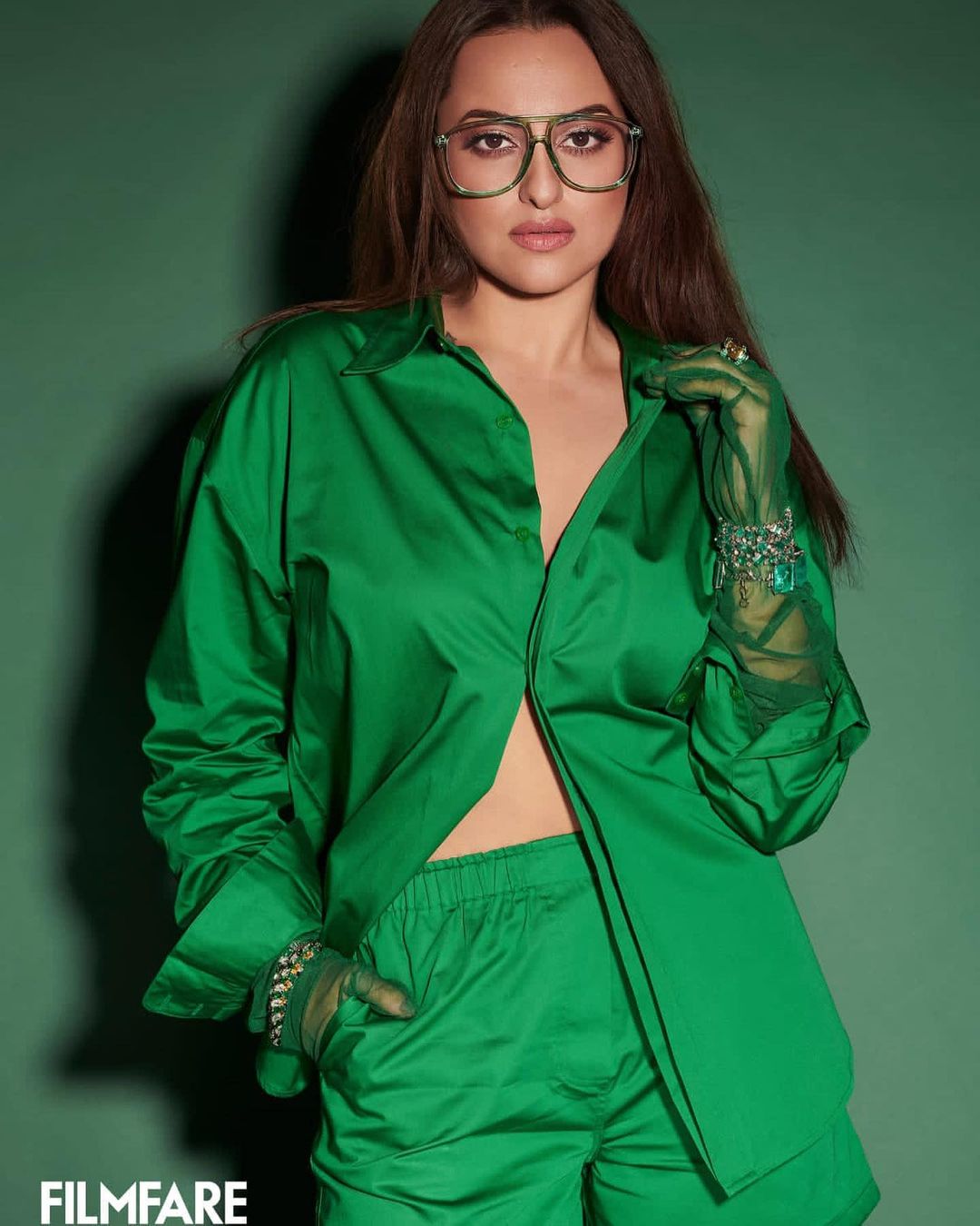 Sonakshi Sinha looks chic in the green pantsuit.