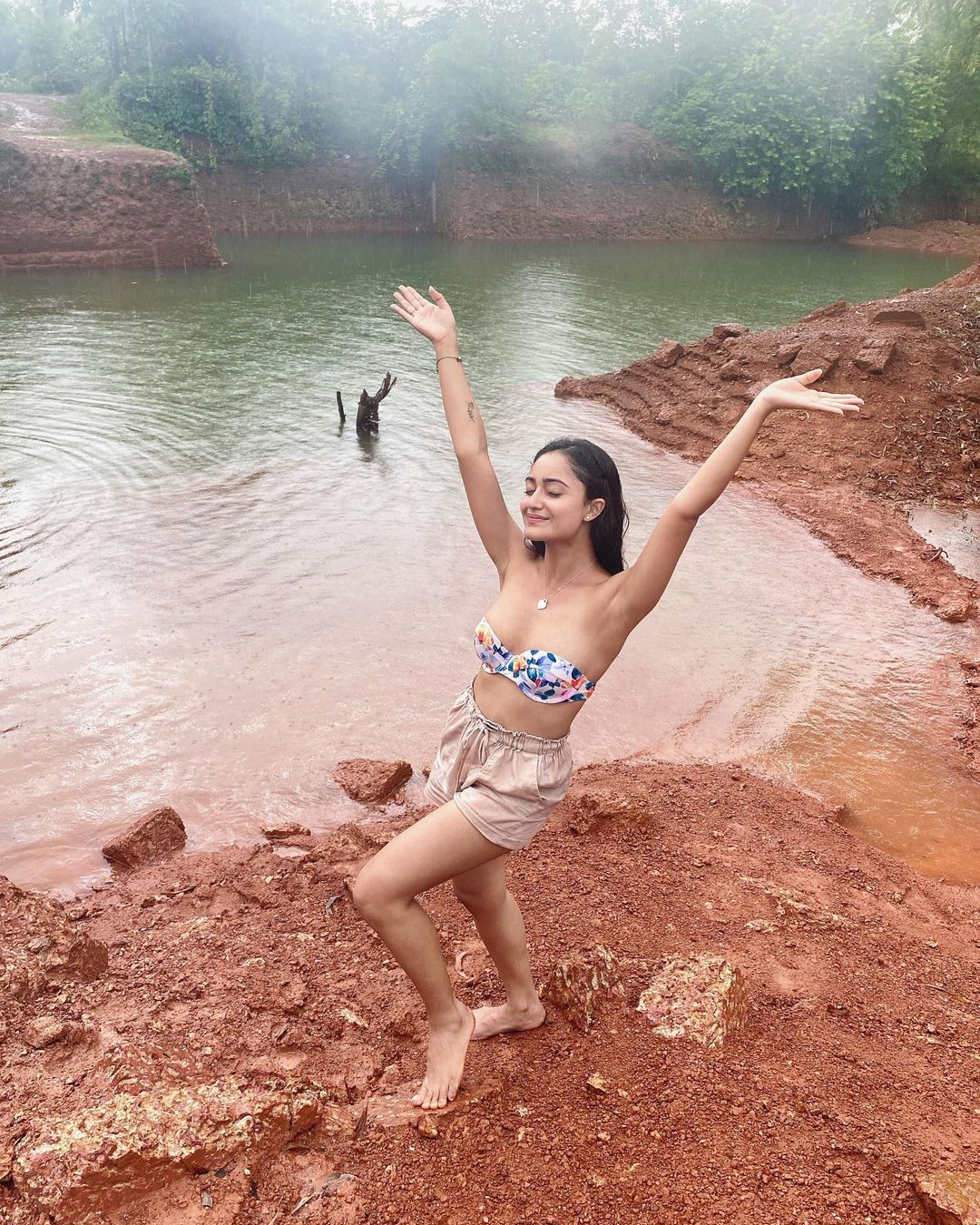 Tridha Choudhury looks cute in the bikini top and shorts.