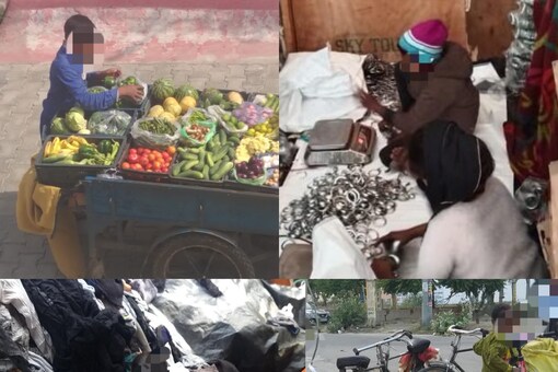 Children selling vegetables, making curtain rings, cutting scraps from old clothes and rag piking on bicycle.