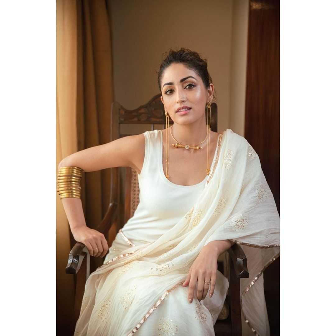 Yami Gautam looks ravishing in a white saree while promoting her new film Bhoot Police.
