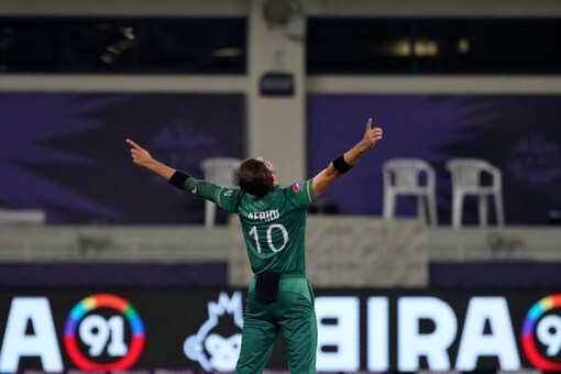 Shaheen Afridi celebrates the fall of Rohit Sharma in Dubai.