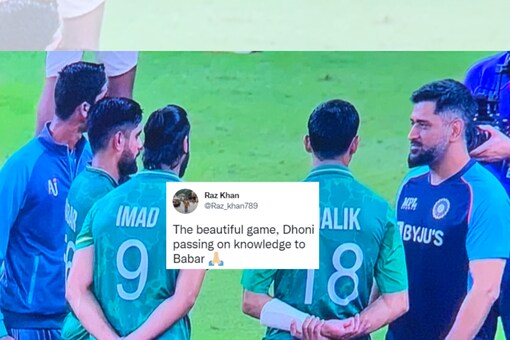 Dhoni photographed with Pakistani players after Babar Azam's men thrashed India by 10 wickets in T20 World Cup. (Twitter screengrab)
