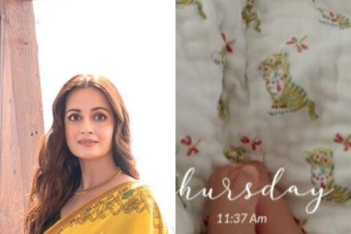 Dia Mirza captured Avyaan Azaad Rekhi's legs as he was resting on a white blanket with little tigers printed on it.