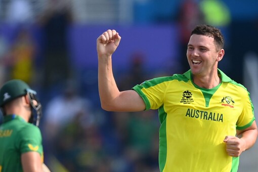 Josh Hazlewood celebrates the fall of Aiden Markram in ICC T20 World Cup match against South Africa.