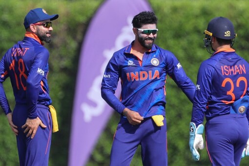 Virat Kohli (left), Ravindra Jadeja (center) and Ishan Kishan (right) celebrate during warm-up match against Australia. (AP Image)