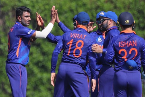 Ravichandran Ashwin celebrating wicket with the Indian players during warm-up match against Australia. (AP Image)