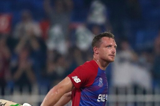 Jos Buttler Celebrates his century against Sri Lanka during T20 World Cup in Sharjah.