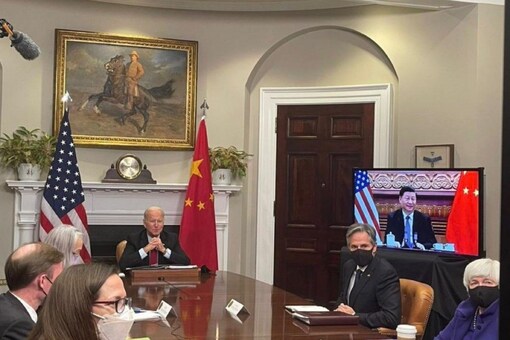US President Joe Biden during a virtual summit with China's Xi Jinping. (Reuters)
