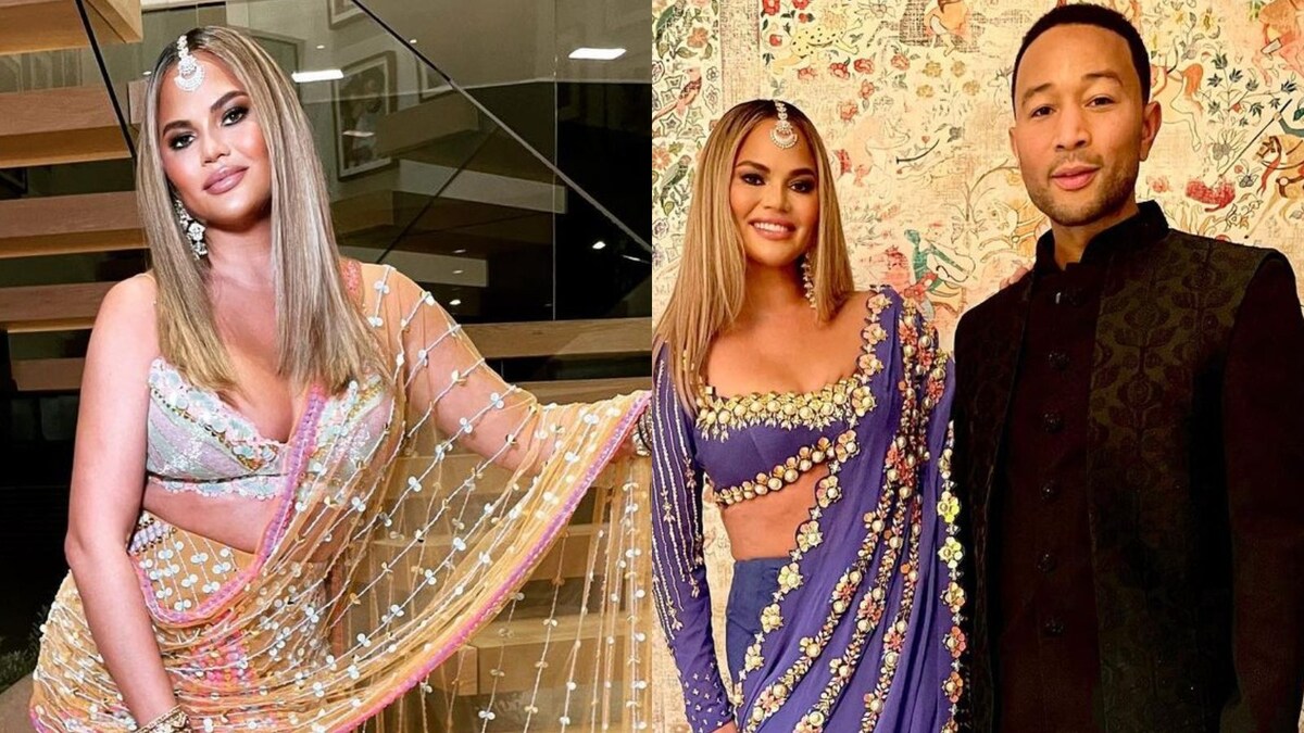 Chrissy Teigen Stuns in Nude Tulle Saree from Indian Designer at Priyanka Chopra's Diwali Bash