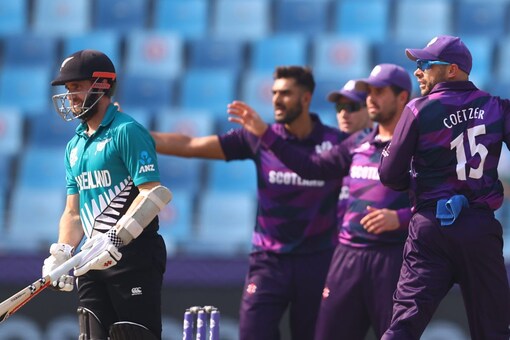 Scotland players appeal for an LBW appeal against New Zealand.
