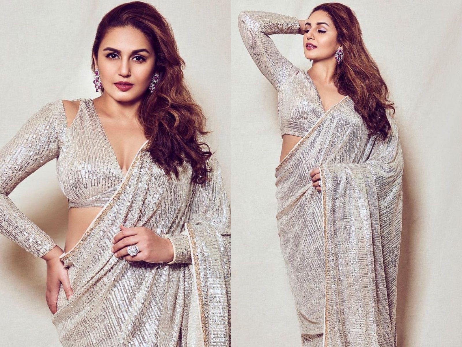 Huma Qureshi looked glamorous in an ivory gown, with a plunging neckline  and silver embellished bralette Photo