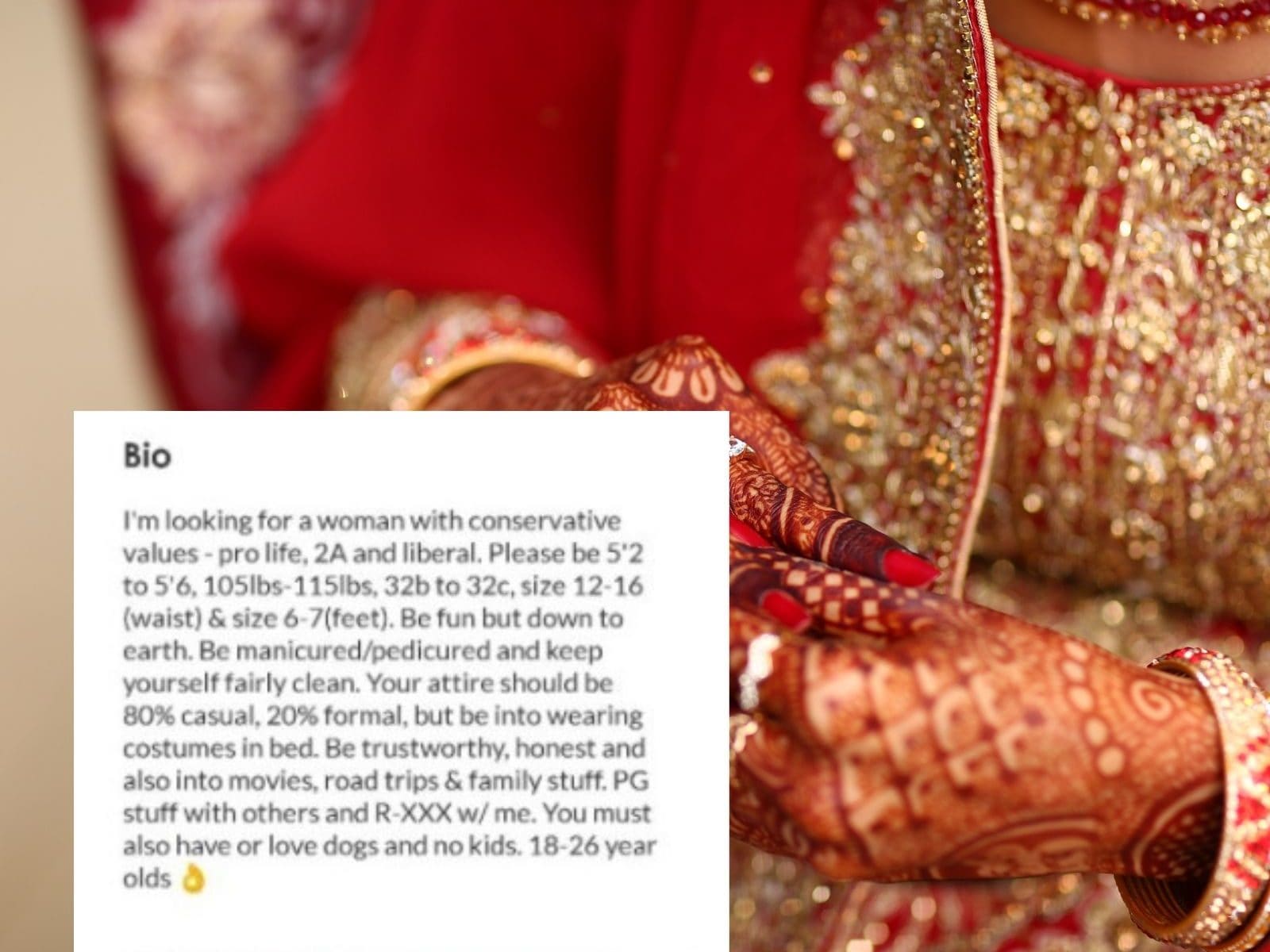 Bizarre: Man Looking for Bride Specifies Breast, Waist and Feet Size in Matrimonial Ad Bizarre: Man Looking for Bride Specifies Breast, Waist and Feet Size in Matrimonial Ad