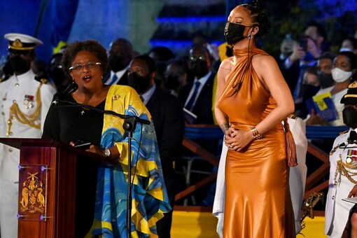 Rihanna wore a brown dress from Bottega Veneta with a halter design wrapped over the neck and a flowing silhouette that neared her ankles to the ceremony (Image: Reuters)