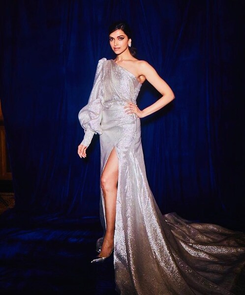 deepika in blue dress Navy Blue Shimmer Dress with Puff Sleeves & Tulle Hem – Deepika Arora main image 0