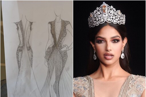 Miss Universe 2021, Harnaaz Sandhu's finale gown sketch designed by Saisha Shinde (Images: Instagram)