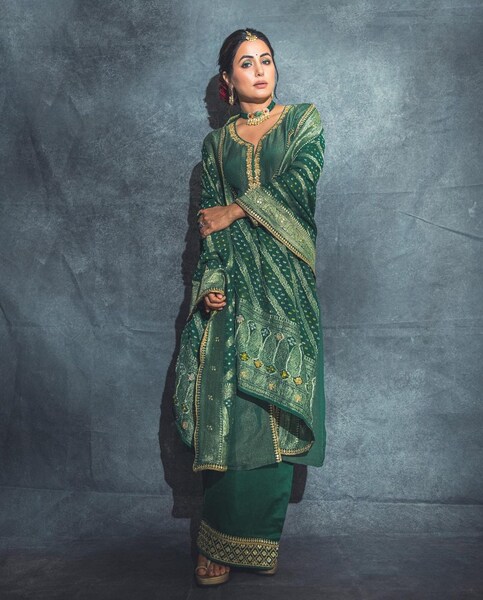 hina khan green dress HINA KHAN In Teal Green Printed Cold Shoulder Mini Kaftan