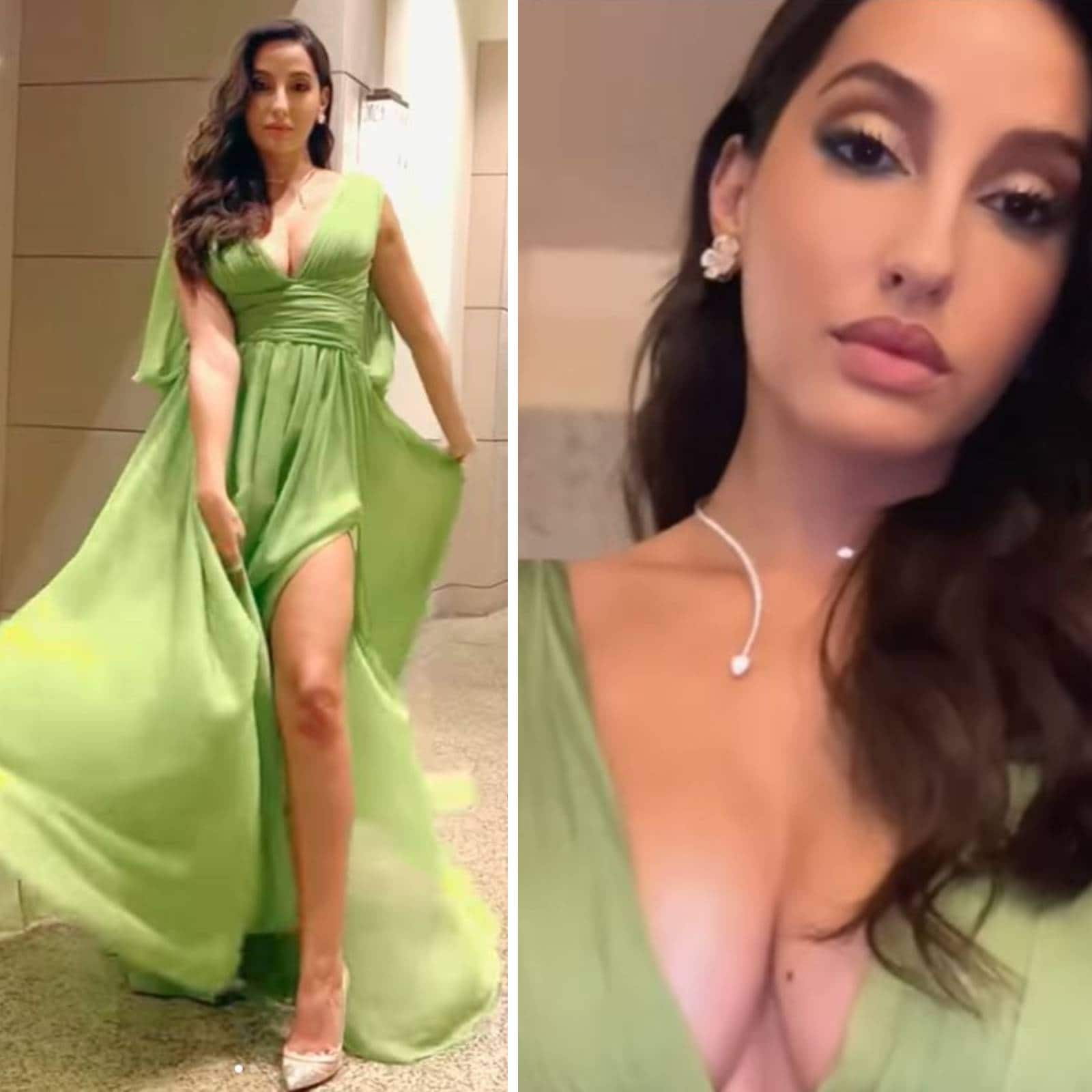 Nora Fatehi Paints A Stunning Picture In A High-slit Green Dress With  Plunging Neckline, See Her Sexy Photos