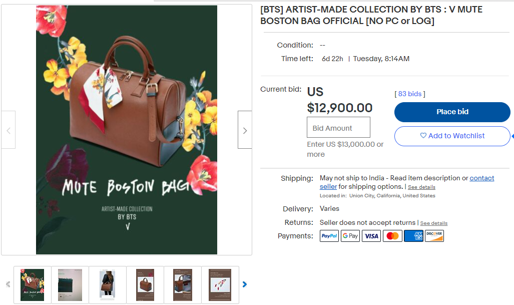 BTS ARMY Furious as Bids on Kim Taehyung's Rs 11K Mute Boston Bags Go Up to  Rs 9.5 Lakhs on  - News18