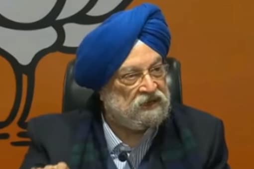Union minister Hardeep Singh Puri at the BJP press conference for the announcement of first list of 34 candidates for Punjab assembly elections. (Image: Twitter)
