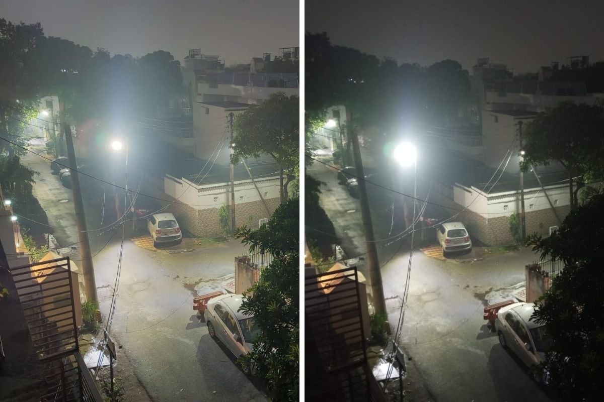 In low light, the Infinix Note 11 camera quite struggles and put out rather hazy pictures. On the right, you can see a normal photo, on the left, is a photo with the Night Mode on. (Image Credit: News18/ Darab Mansoor Ali)