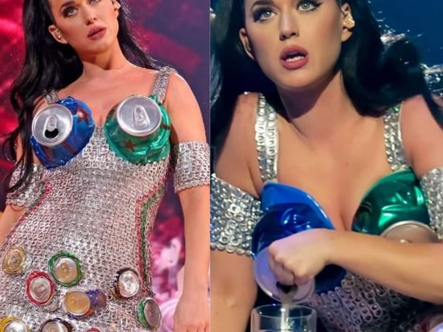Katy Perry poured herself a drink from her beer can bra onstage making fans go wild. Credits: Instagram