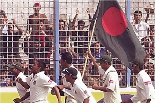Bangladesh players celebrate their maiden Test win at the MA Aziz Stadium in Chittagong. (Image: Twitter/ICC)
