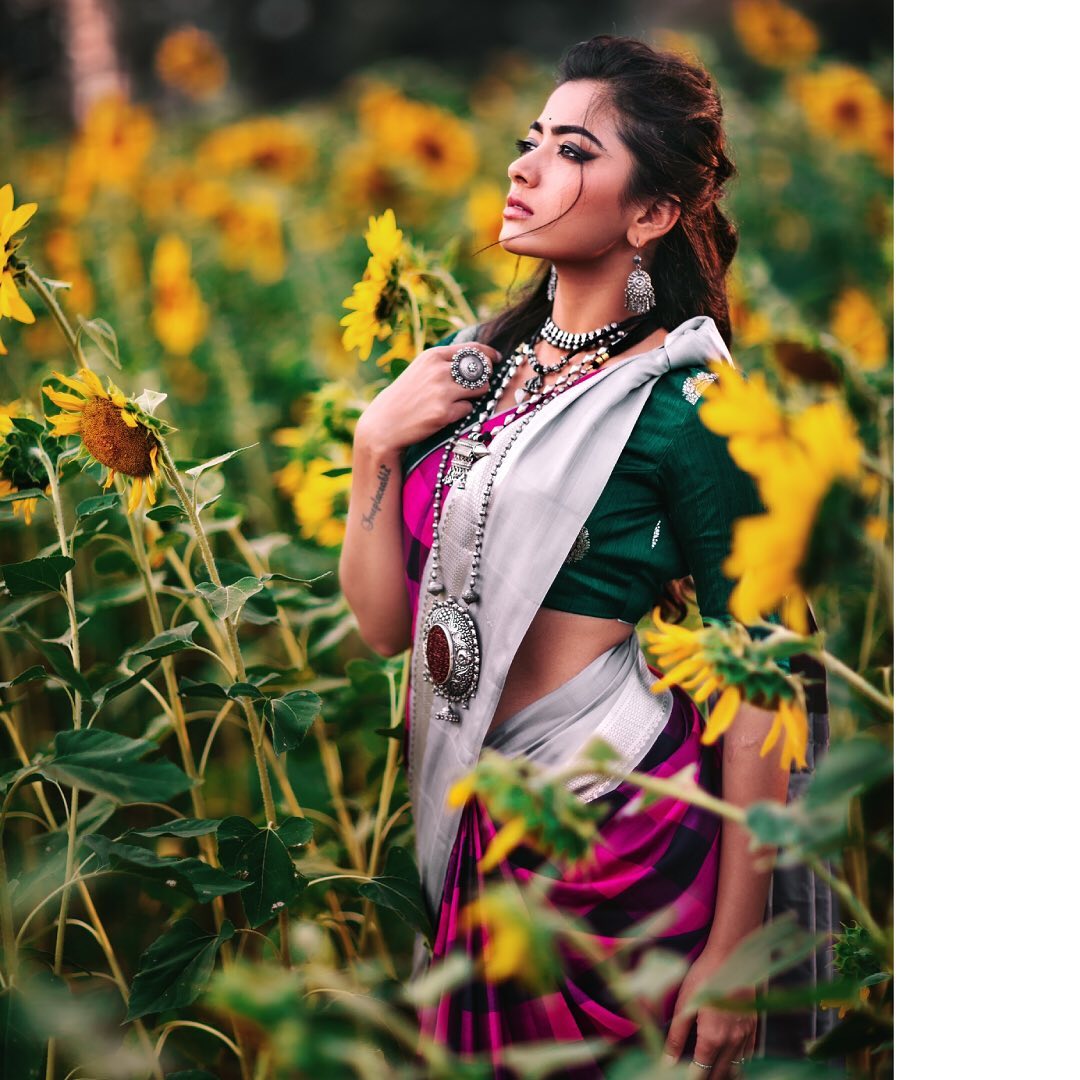 Rashmika Mandanna looks gorgeous in the silk saree.