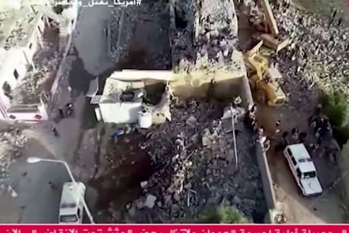 Damage after an airstrike hit a temporary detention centre is seen in Saada, Yemen, January 21, 2022 in this still image obtained from a video. Video recorded with a drone. (REUTERS)
