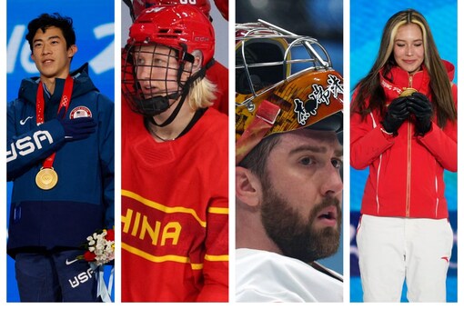 Figure skater Nathan Chen (L), freestyle Skier Eileen Gu (R) and ice hockey players Hannah Miller (R-C) and Jeremy Smith (L-C) pictured during the Beijing Winter Games, 2022. (Image: Reuters)