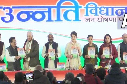 Congress leader Priyanka Gandhi Vadra launches the Congress manifesto 'Unnati Vidhan Jan Ghoshna Patra-2022'. (ANI)