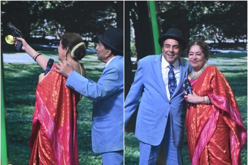 Dharmendra and Kirron Kher as they recreate a Sholya scene.